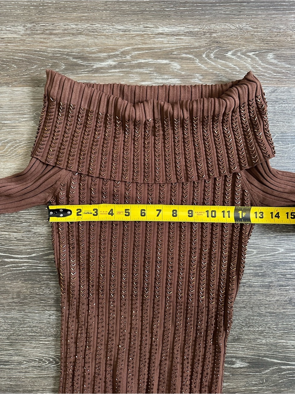 Caché Off The Shoulder Beaded Ribbed Knit Sweater Brown Medium Y2K Coquette - Picture 7 of 8